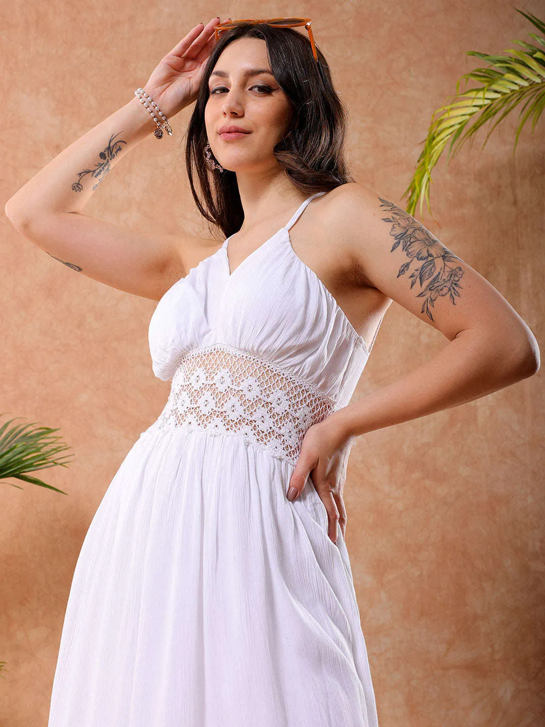 Freehand Women White Fit And Flare Solid V-Neck Maxi Dress