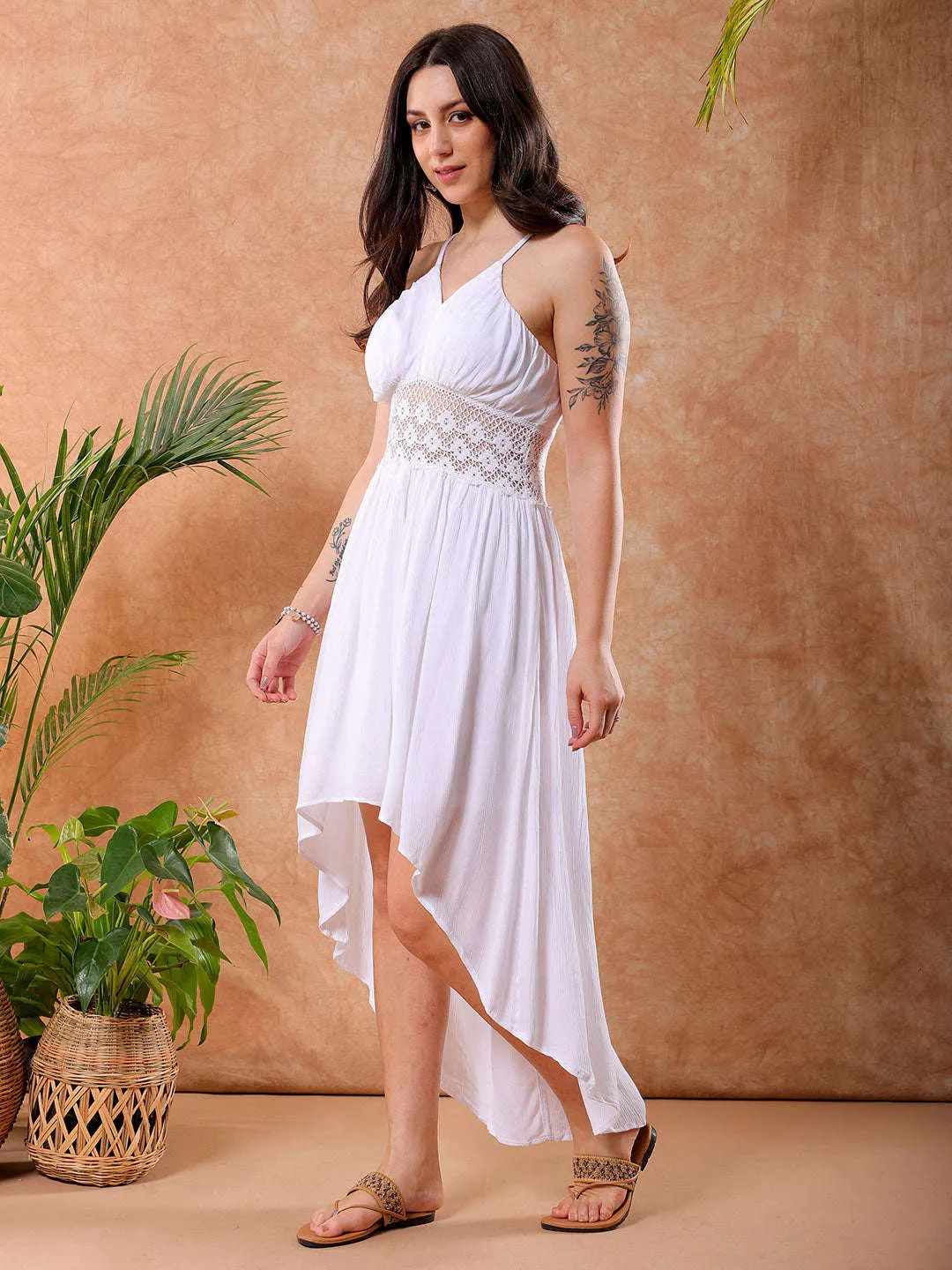 Freehand Women White Fit And Flare Solid V-Neck Maxi Dress