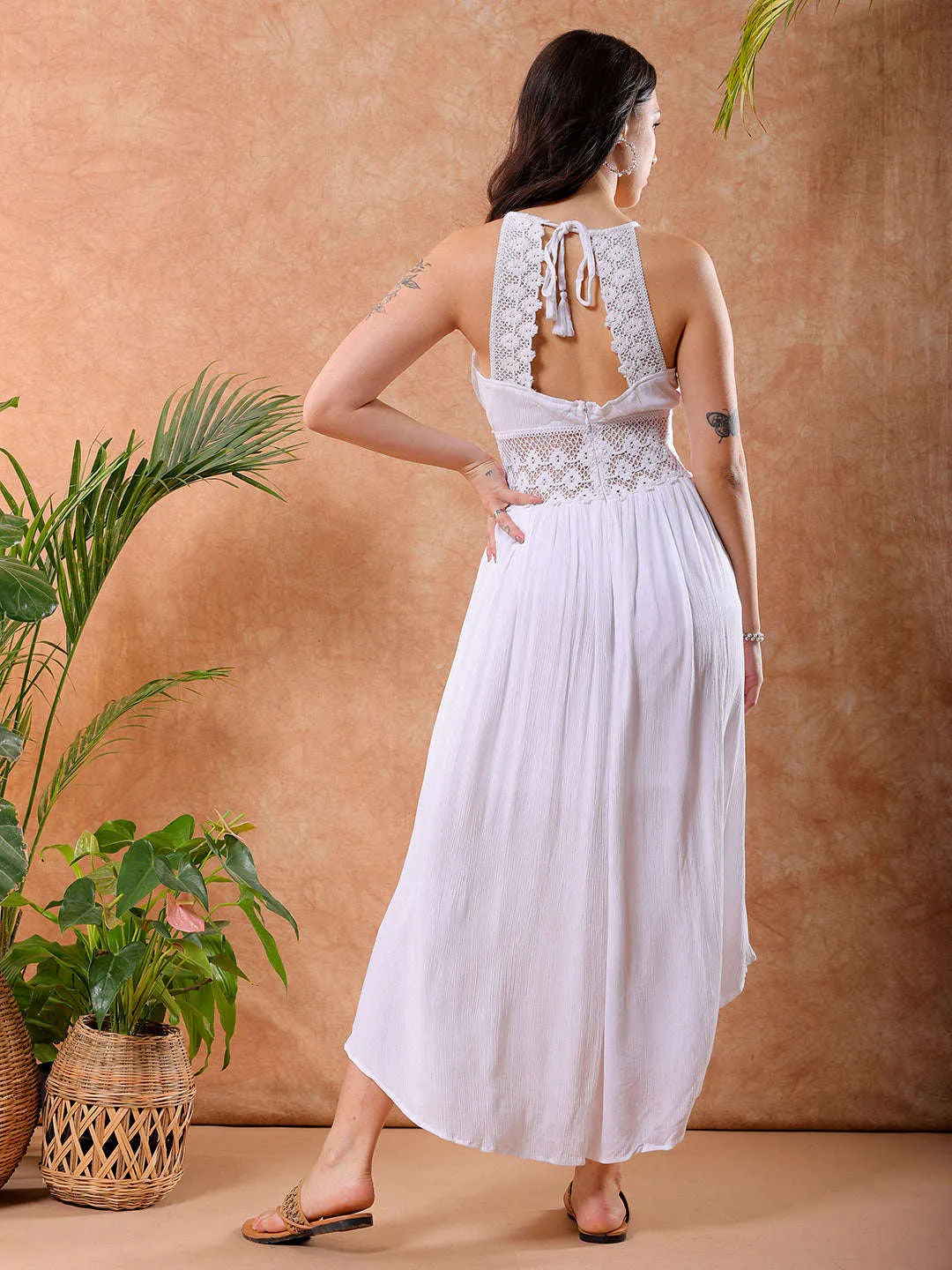 Freehand Women White Fit And Flare Solid V-Neck Maxi Dress