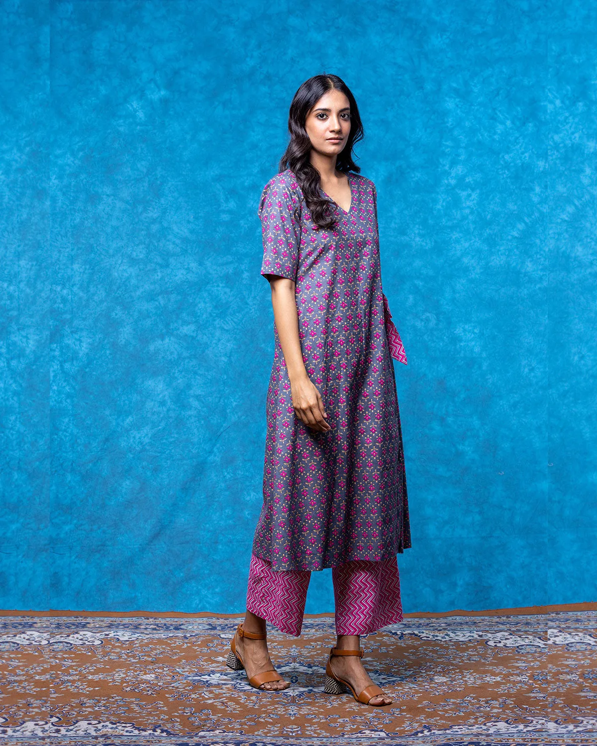 Grey Floral Wrap Kurta