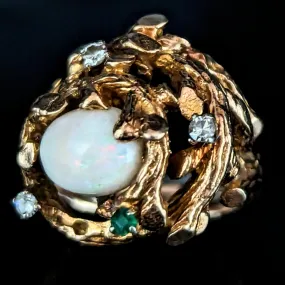 The Conques - 1970s Opal Diamond 14k Gold Brutalist Cocktail Ring