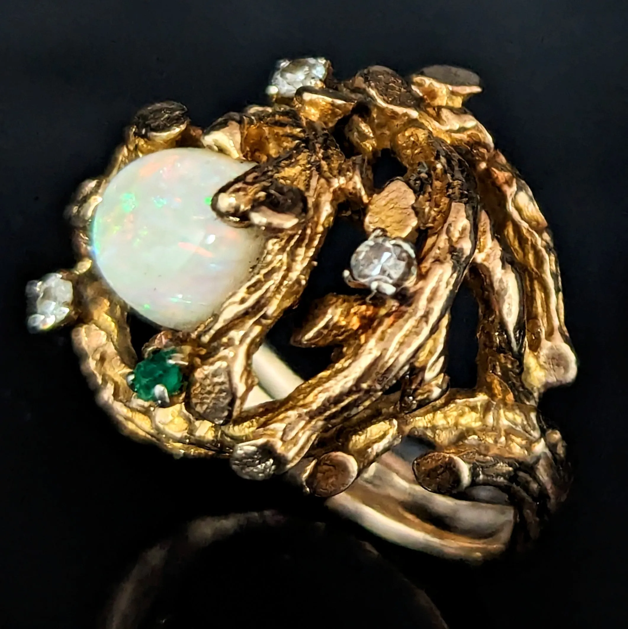 The Conques - 1970s Opal Diamond 14k Gold Brutalist Cocktail Ring