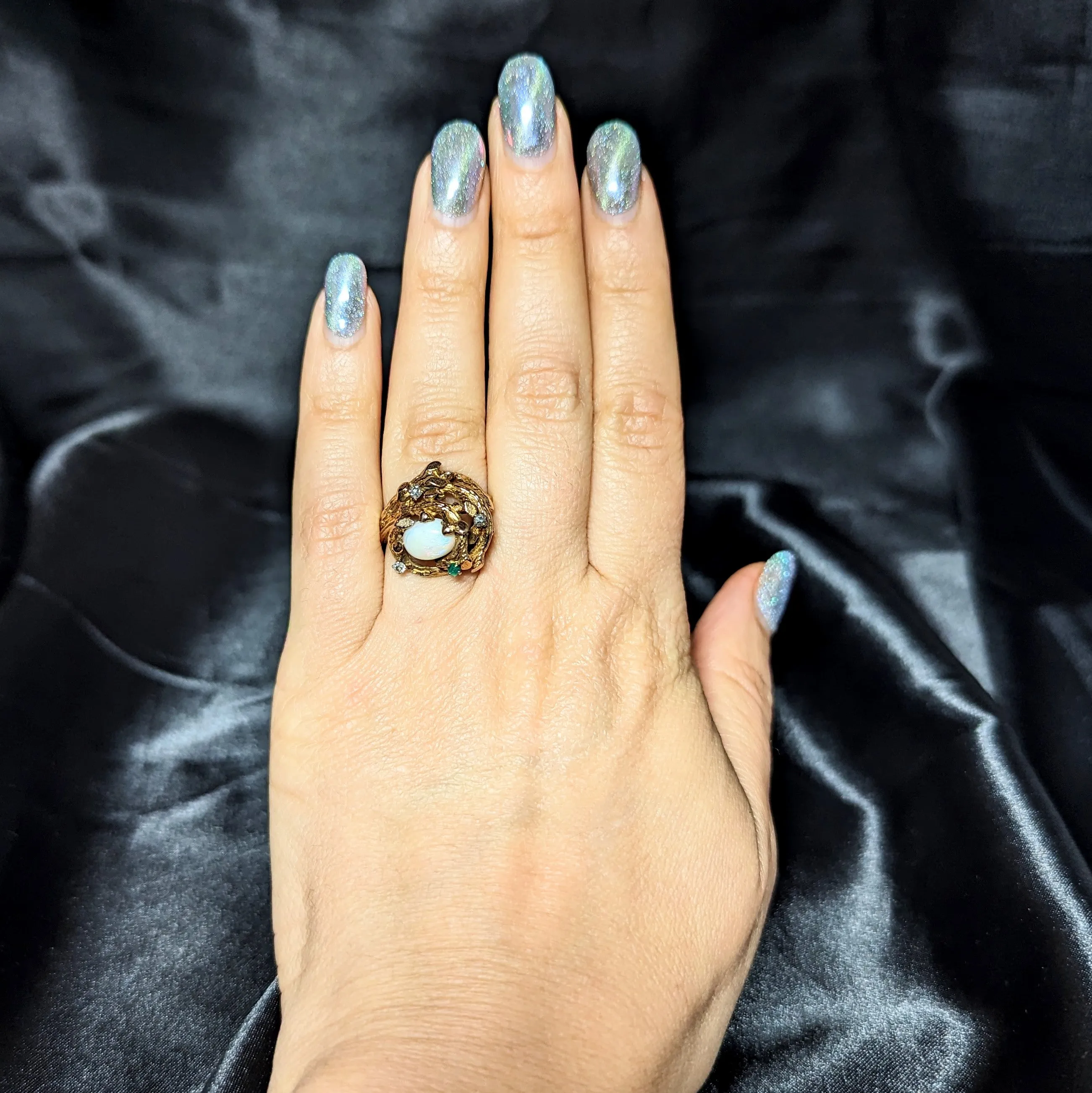 The Conques - 1970s Opal Diamond 14k Gold Brutalist Cocktail Ring