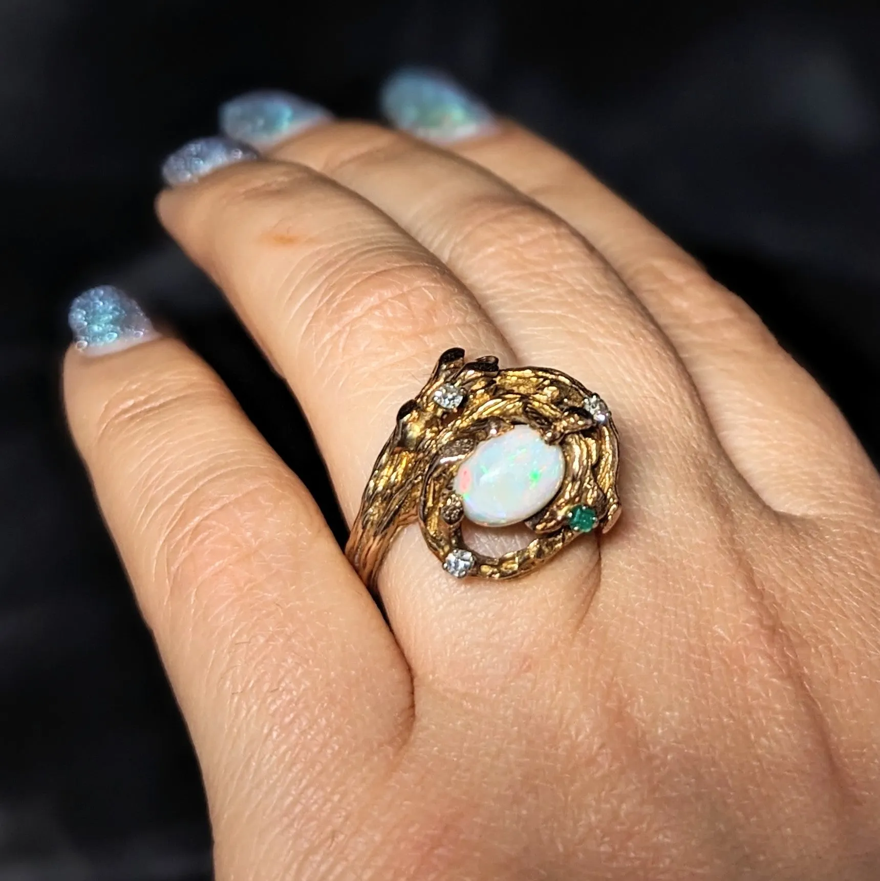 The Conques - 1970s Opal Diamond 14k Gold Brutalist Cocktail Ring