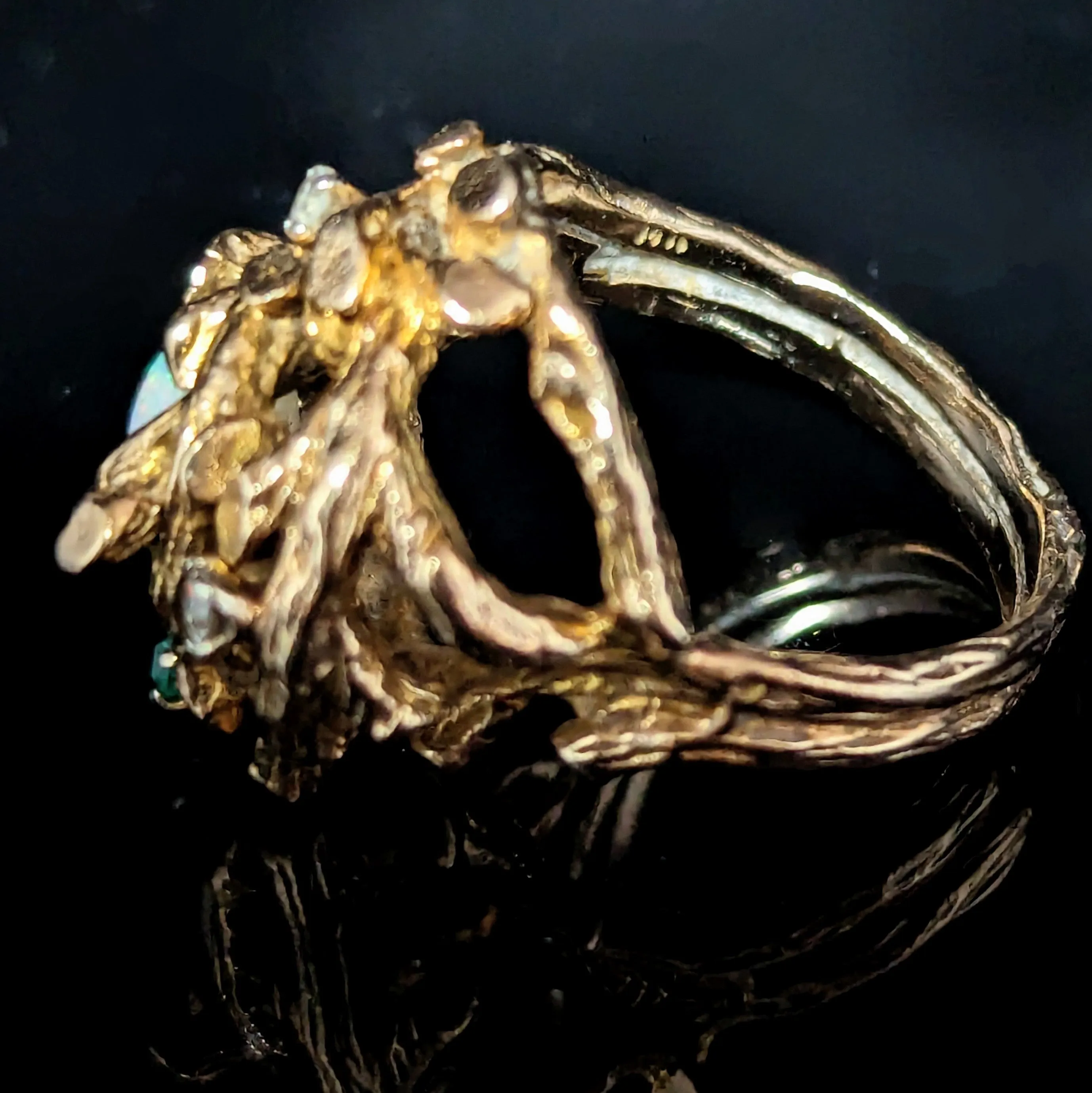 The Conques - 1970s Opal Diamond 14k Gold Brutalist Cocktail Ring