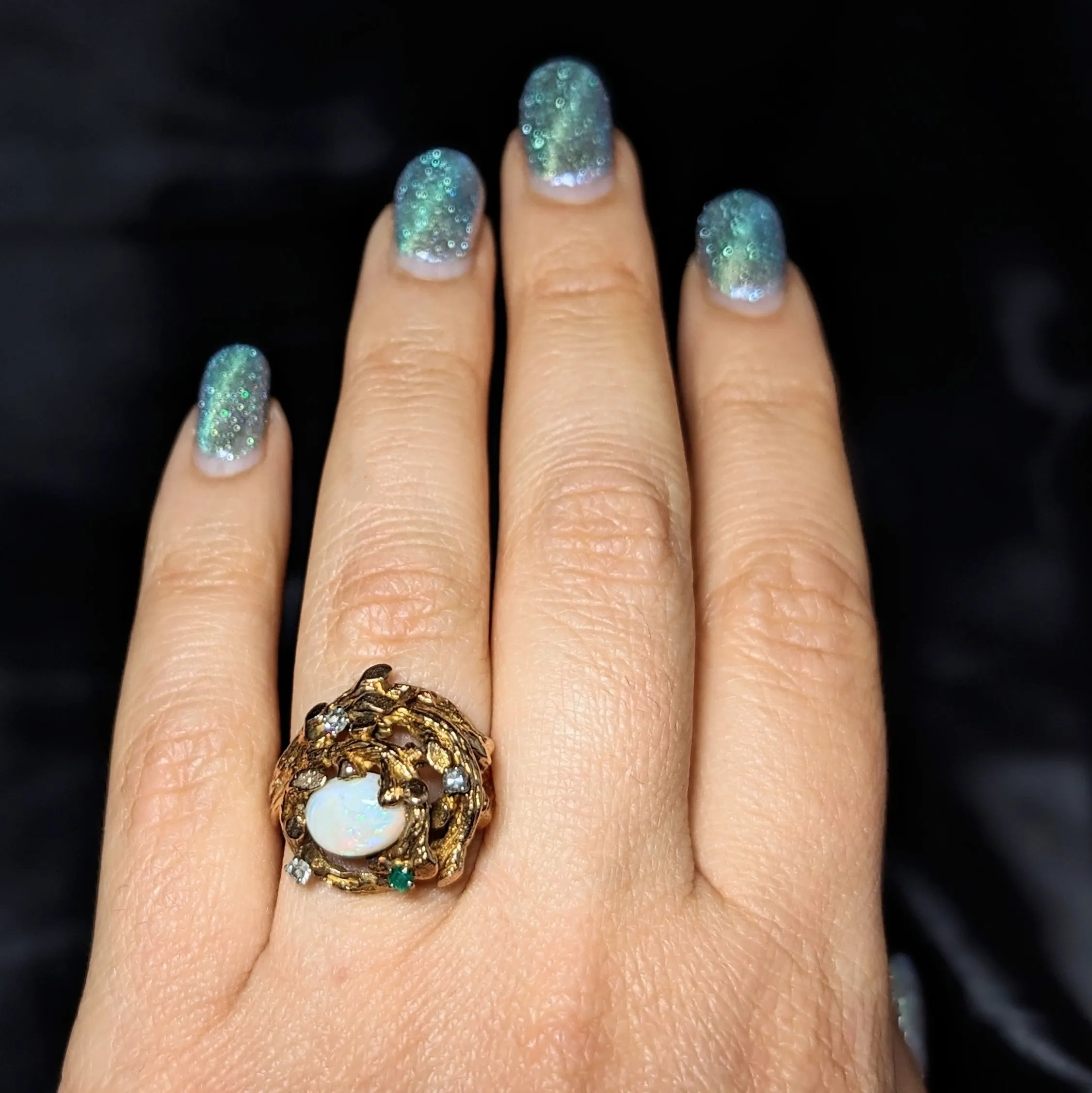 The Conques - 1970s Opal Diamond 14k Gold Brutalist Cocktail Ring