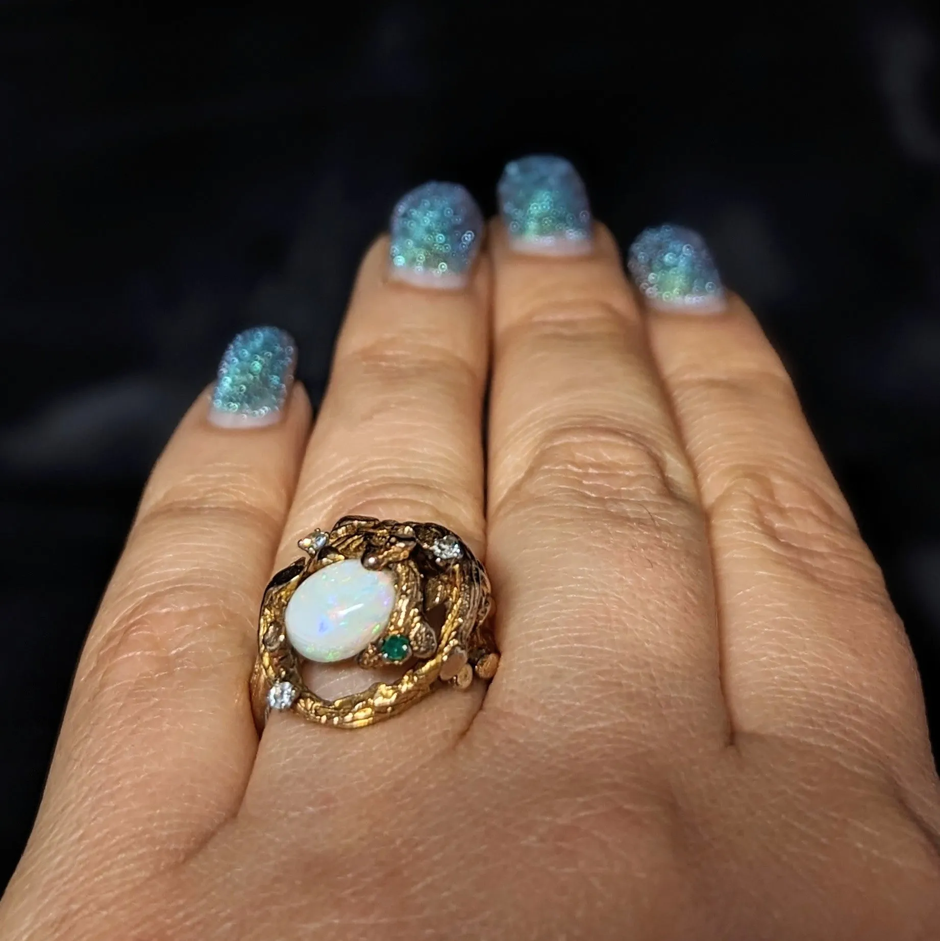 The Conques - 1970s Opal Diamond 14k Gold Brutalist Cocktail Ring