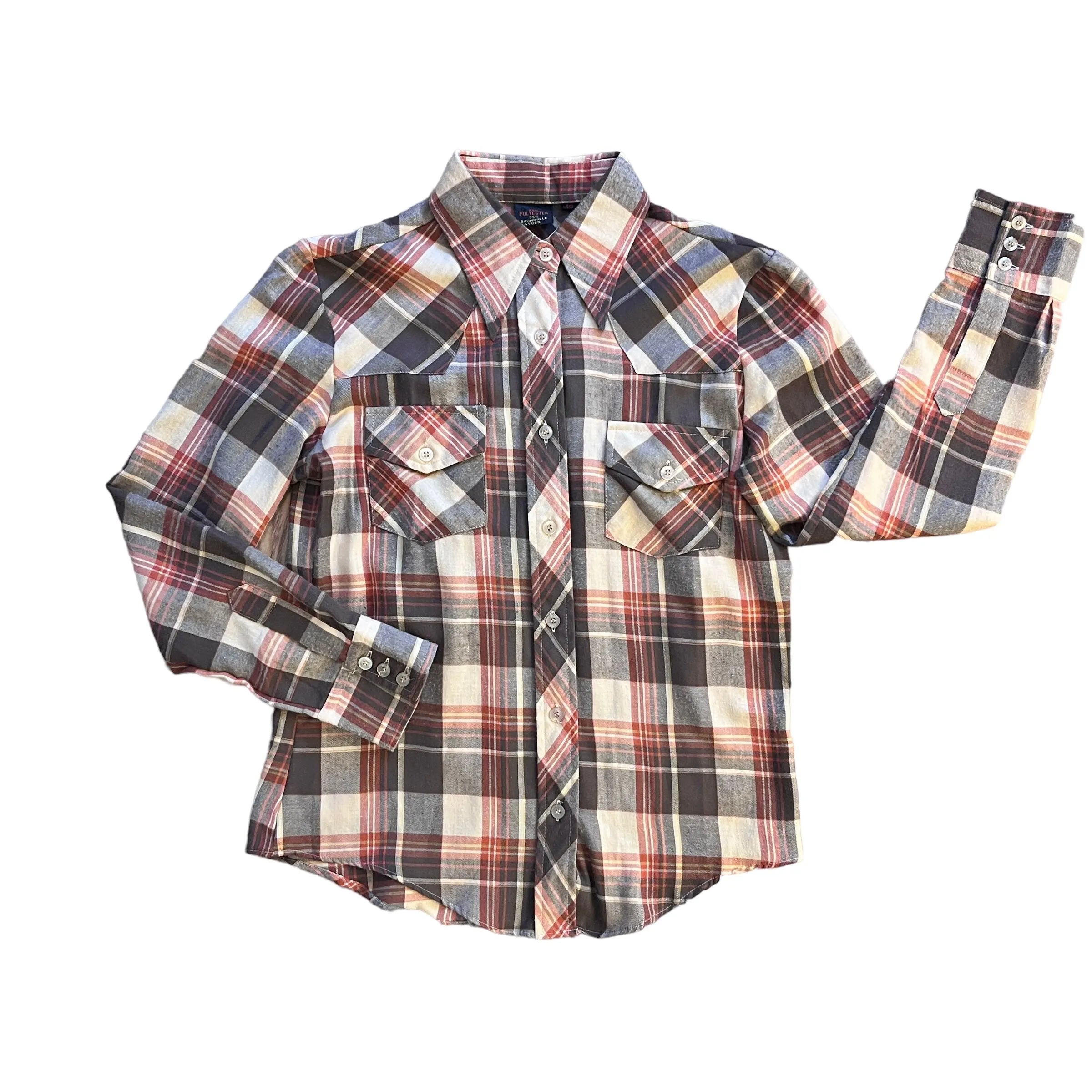 Vintage 1970s Brown Plaid Shirt / 10-12 Years