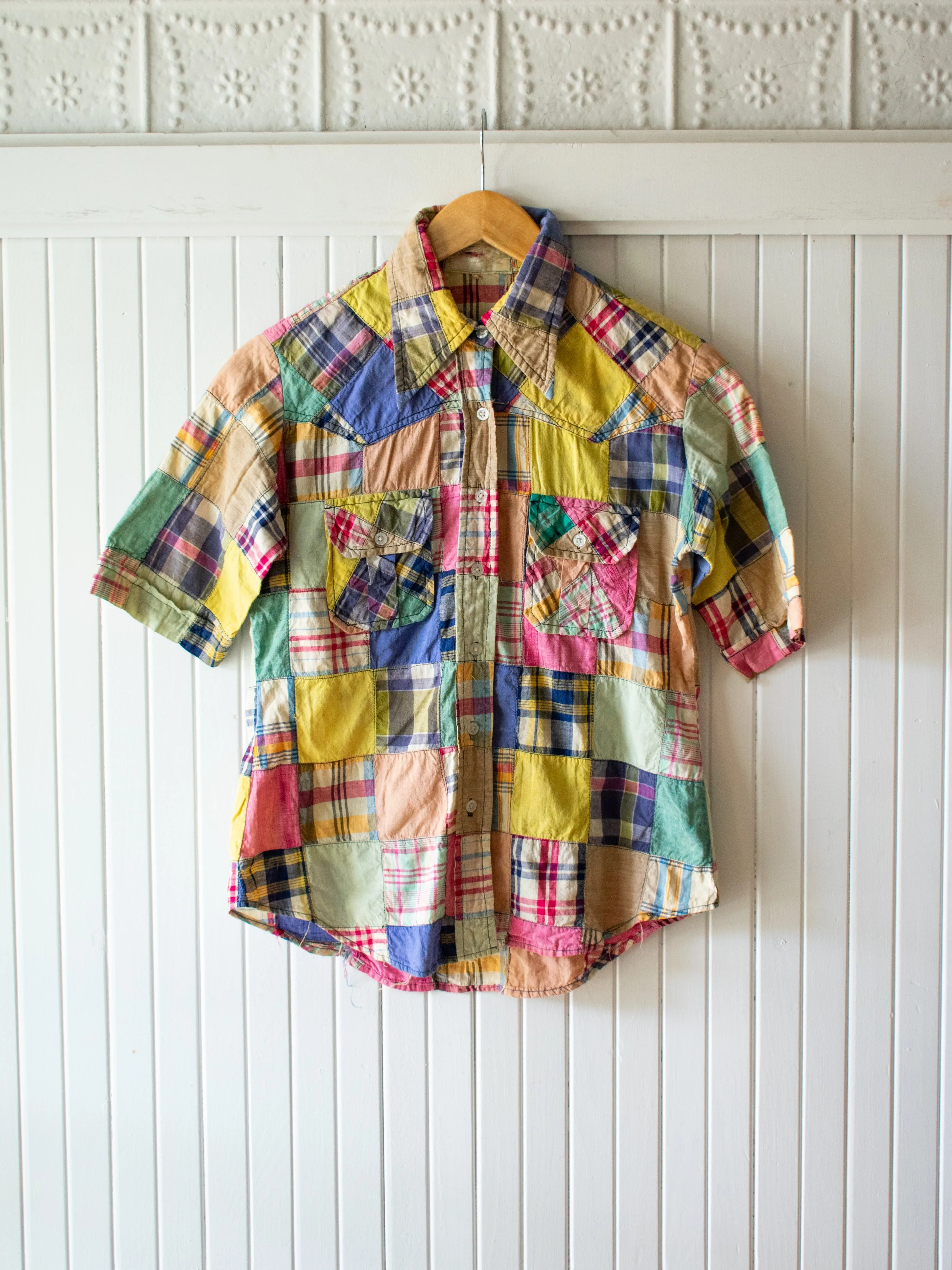 Vintage 1970s Patchwork Madras Shirt S