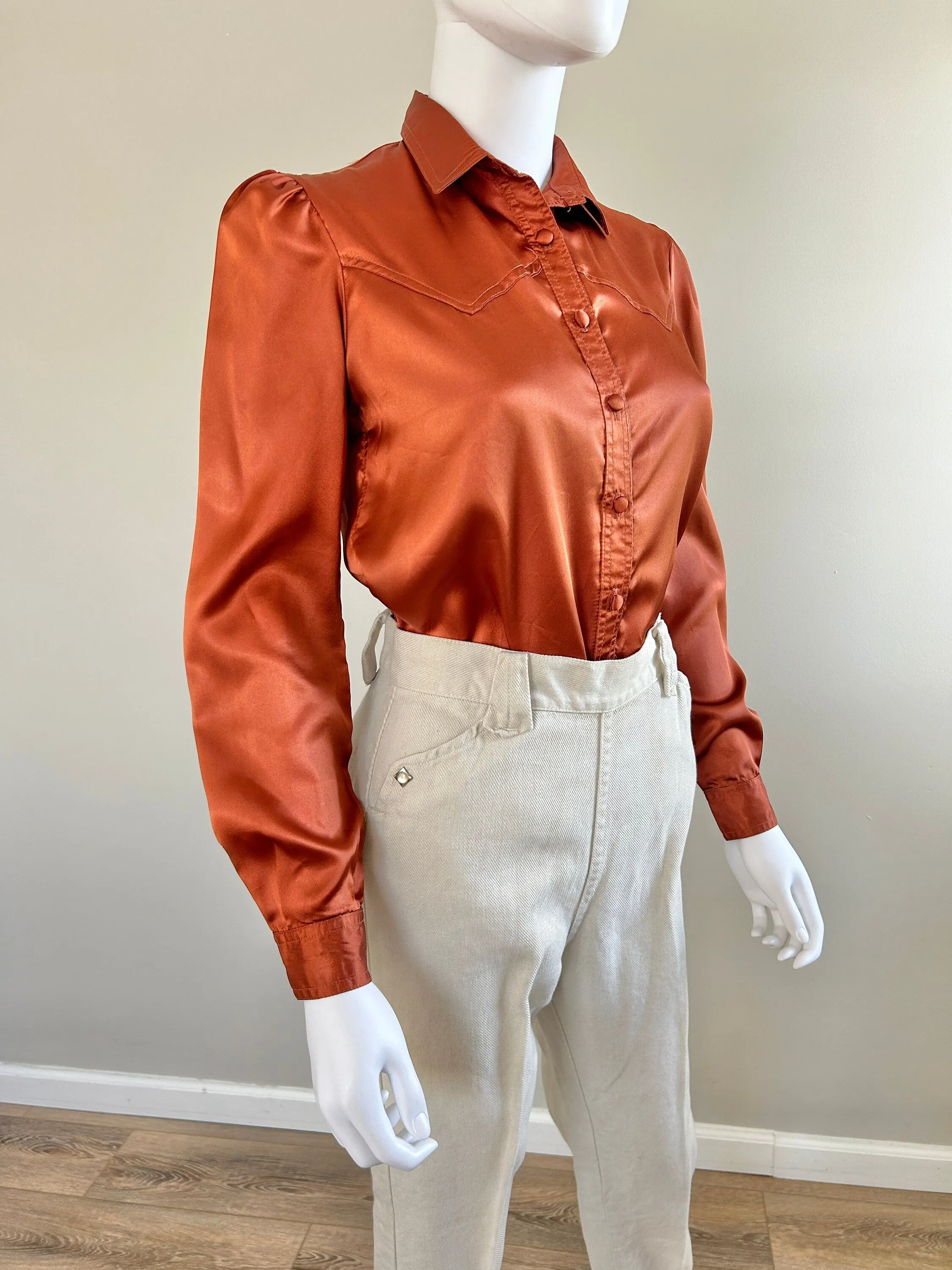 Vintage 1970s Satin Western Blouse / 70s retro terra cotta top / Size XS S