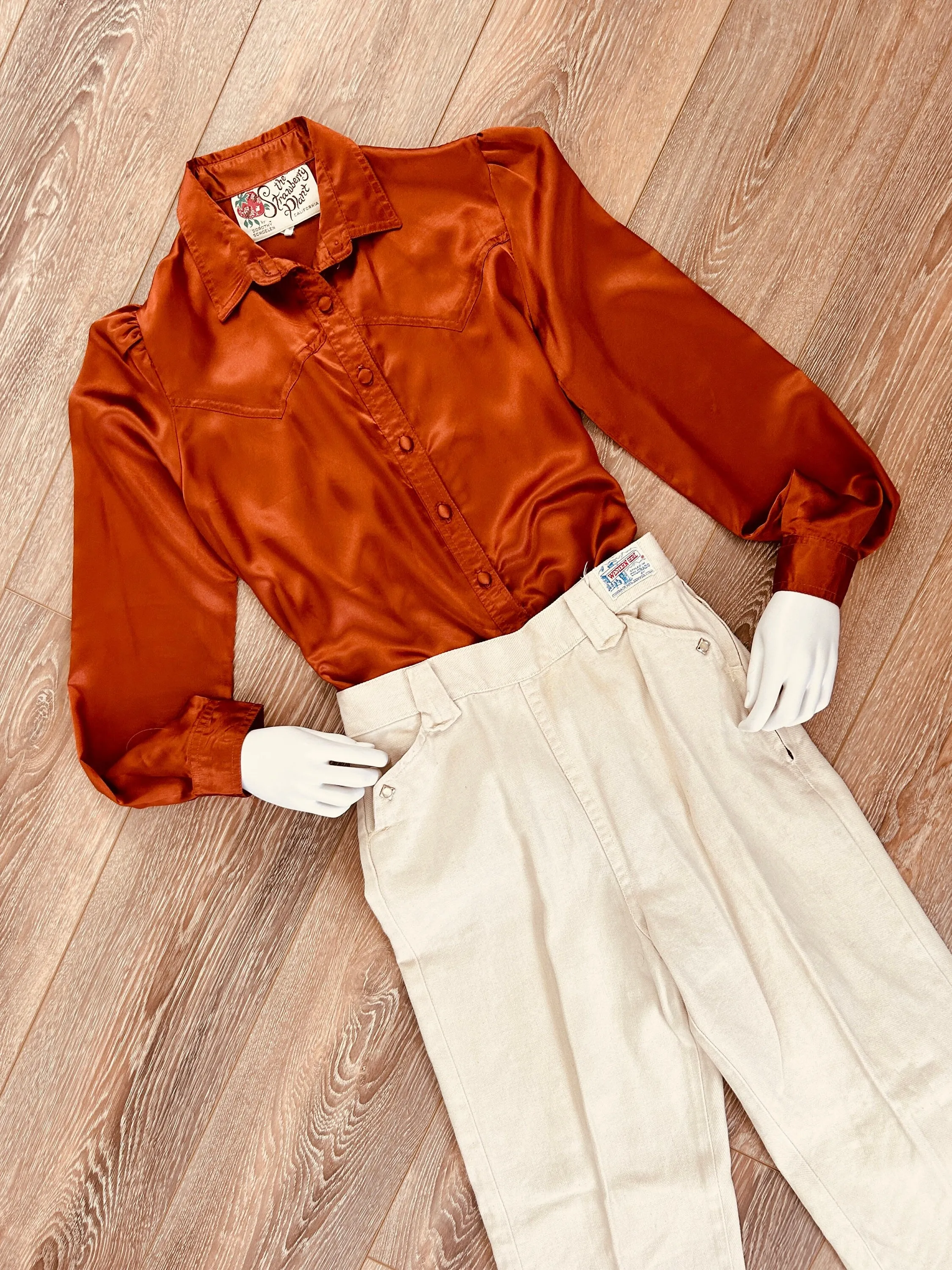 Vintage 1970s Satin Western Blouse / 70s retro terra cotta top / Size XS S