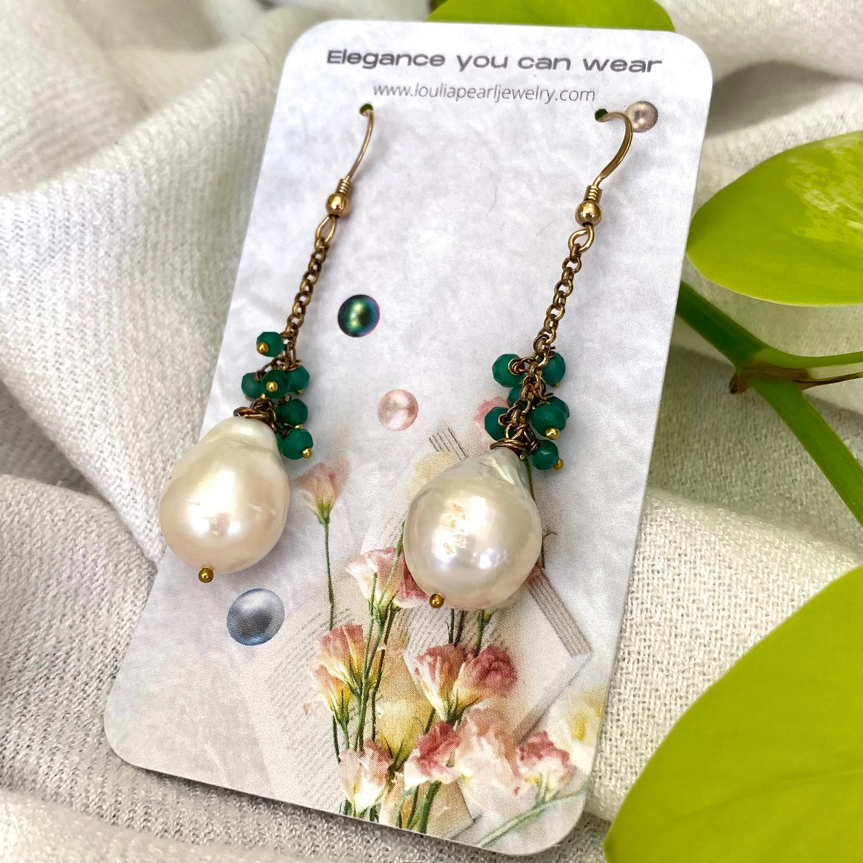 White Baroque Pearls Dangle Earrings, Women Green Onyx Earrings