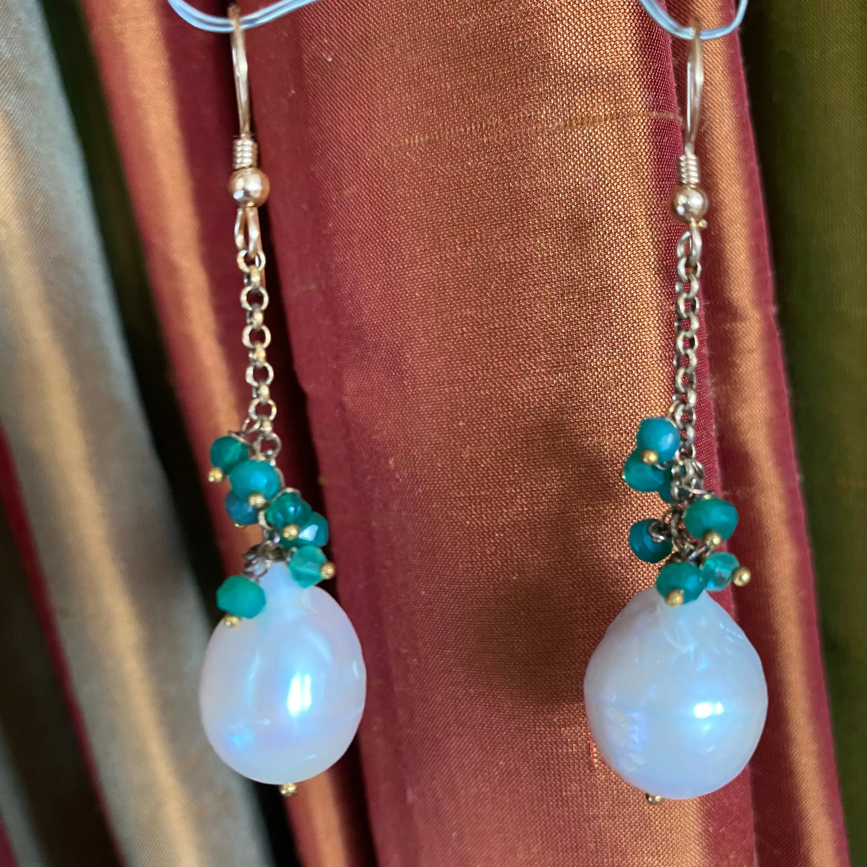 White Baroque Pearls Dangle Earrings, Women Green Onyx Earrings