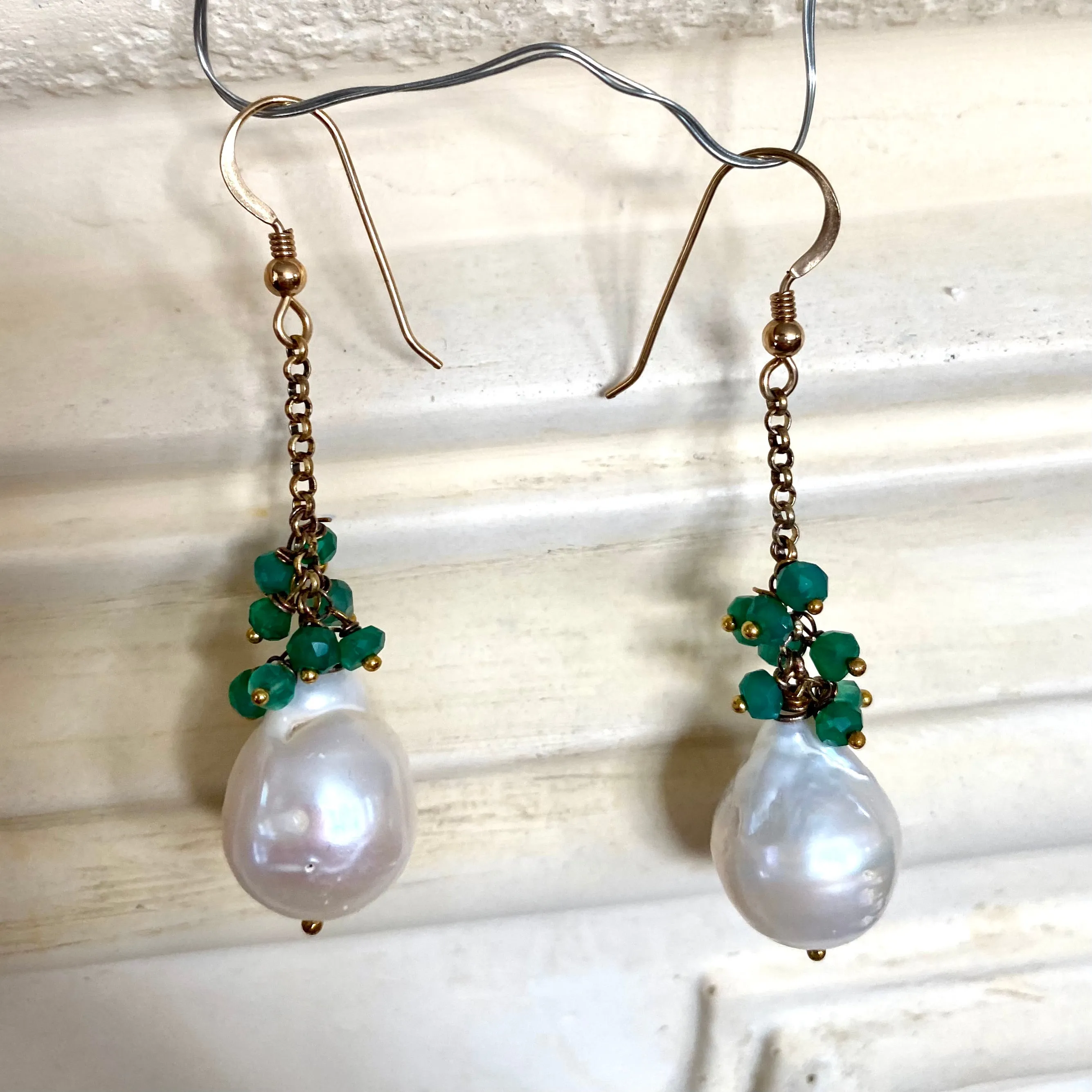 White Baroque Pearls Dangle Earrings, Women Green Onyx Earrings