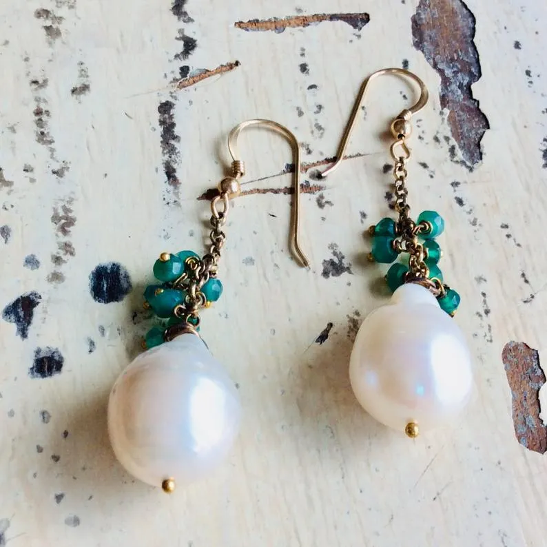 White Baroque Pearls Dangle Earrings, Women Green Onyx Earrings