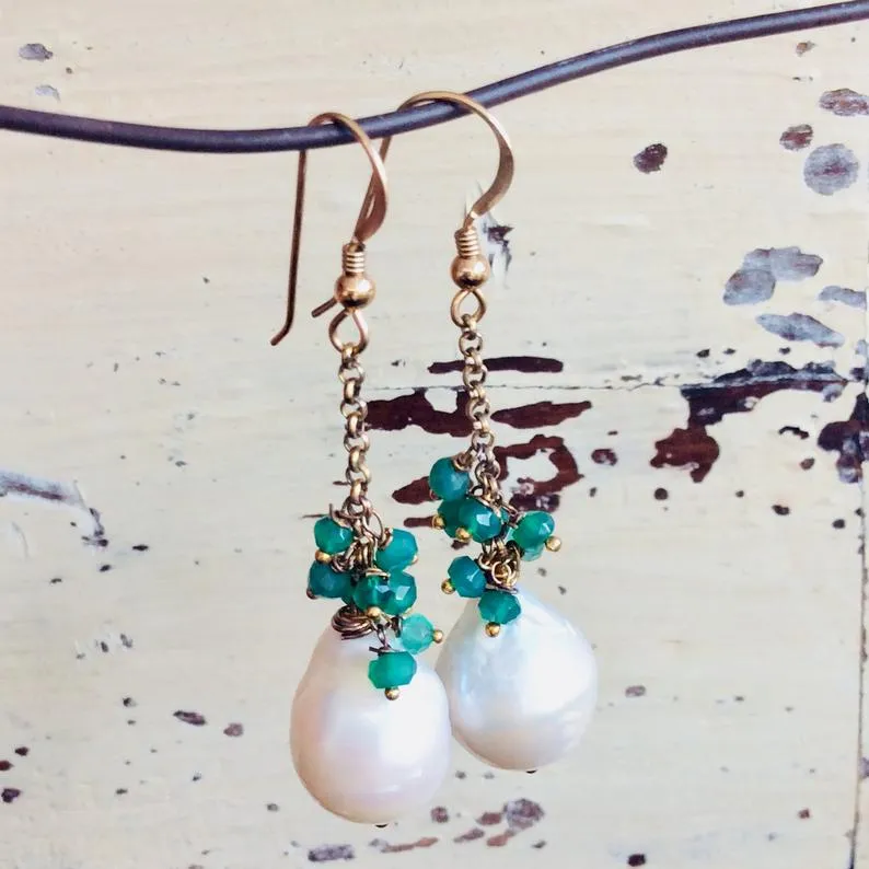 White Baroque Pearls Dangle Earrings, Women Green Onyx Earrings