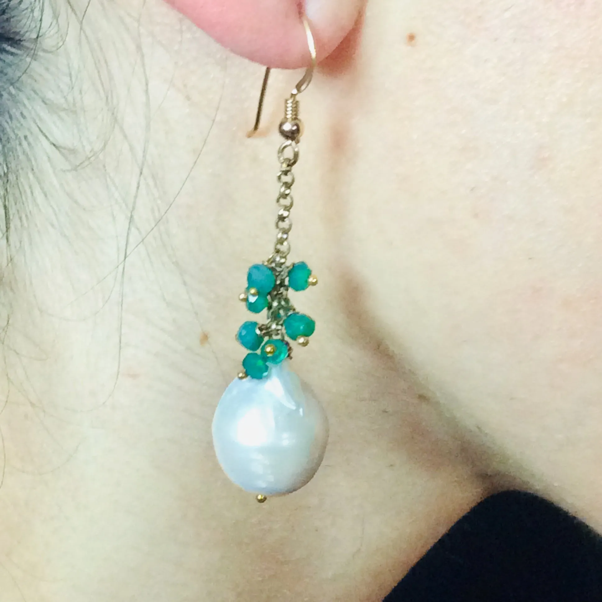 White Baroque Pearls Dangle Earrings, Women Green Onyx Earrings