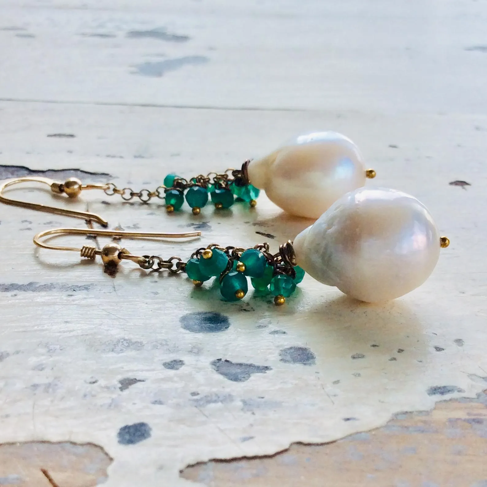 White Baroque Pearls Dangle Earrings, Women Green Onyx Earrings