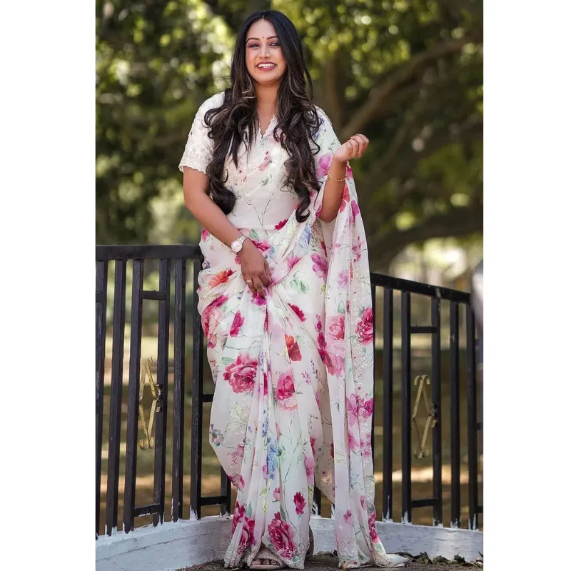 Women White Designer Floral Saree